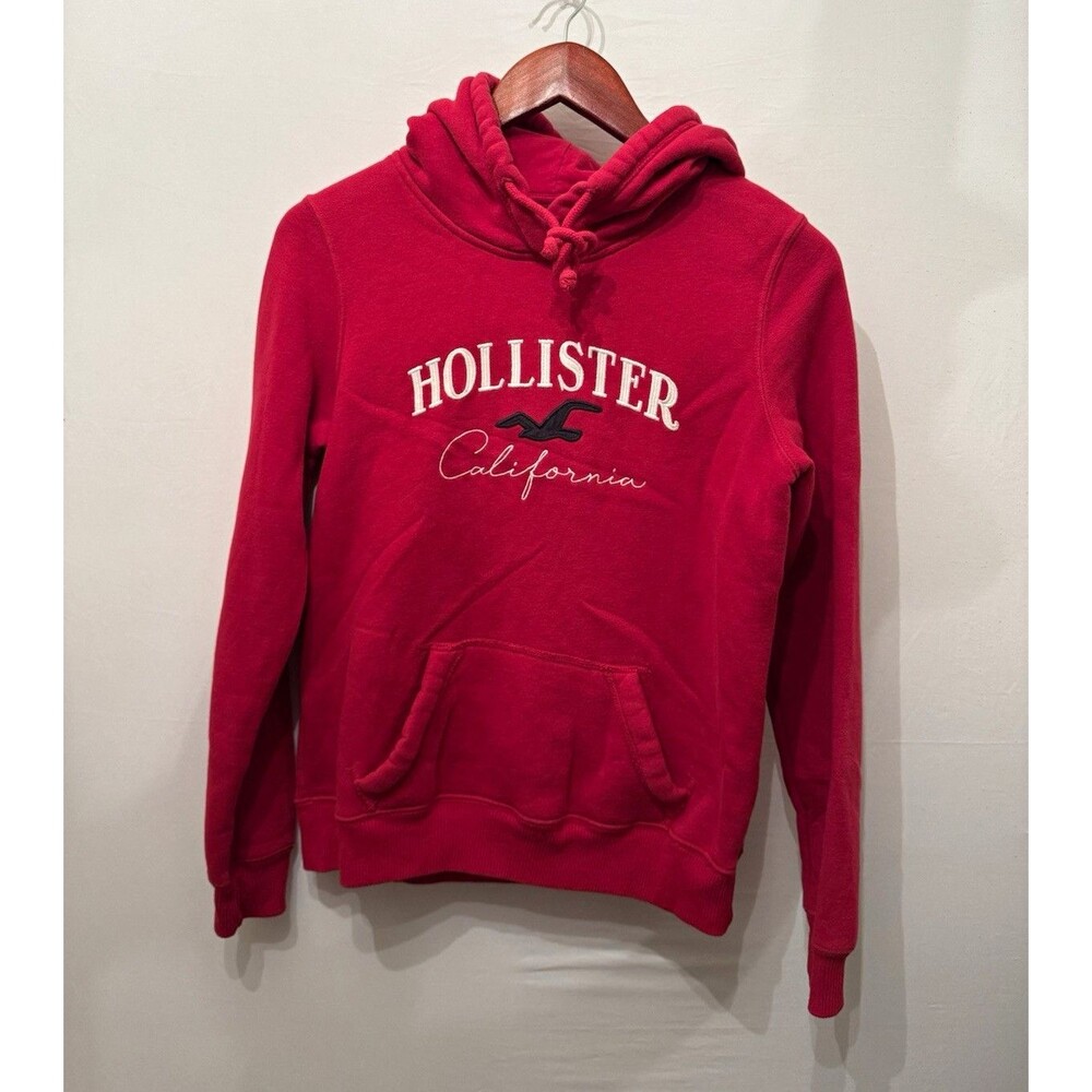 Hollister Womens XS Red Logo Fleece Pullover Hoodie Hooded Pockets